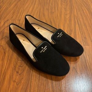 Kate Spade Claudia Classic Black Suede Loafers Womens 9B Gold Logo